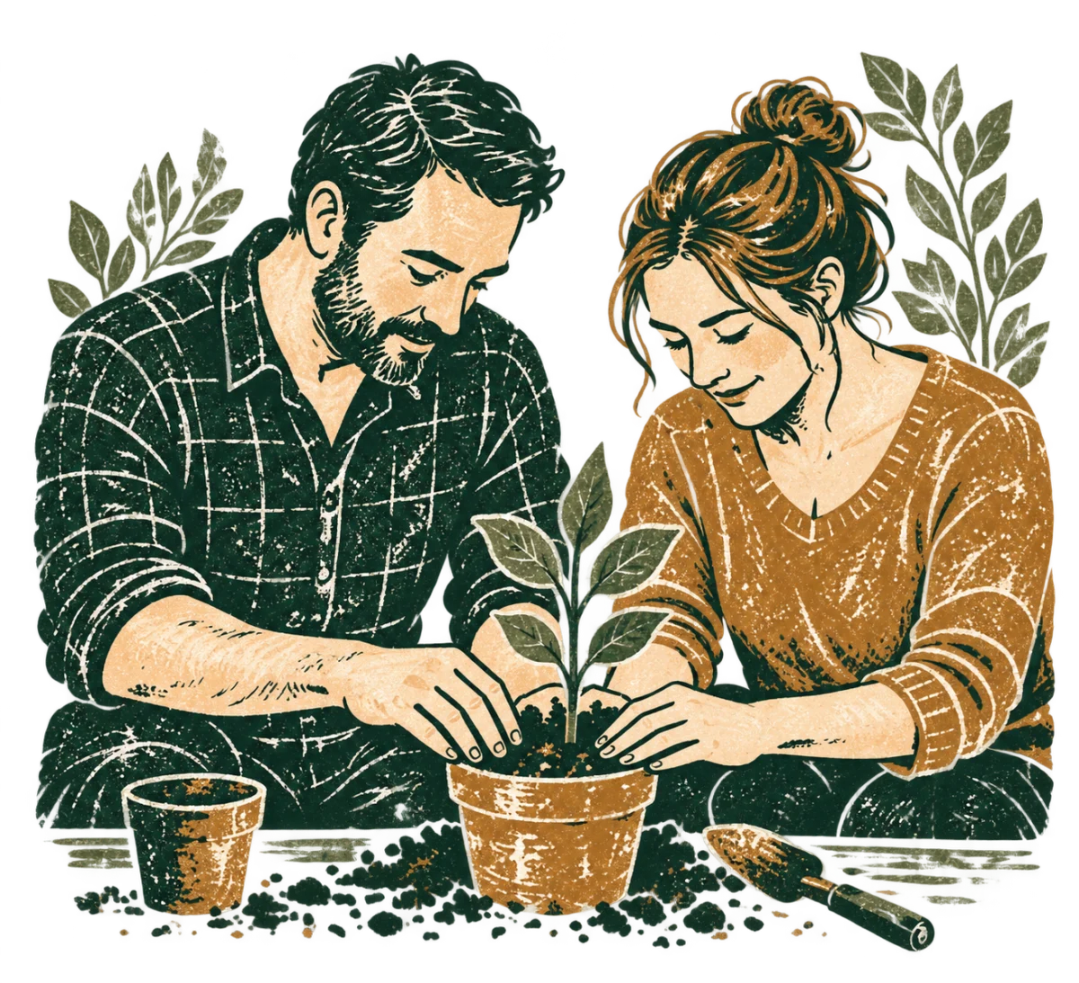 A rubber-stamp illustration of a couple planting a young seedling together.
